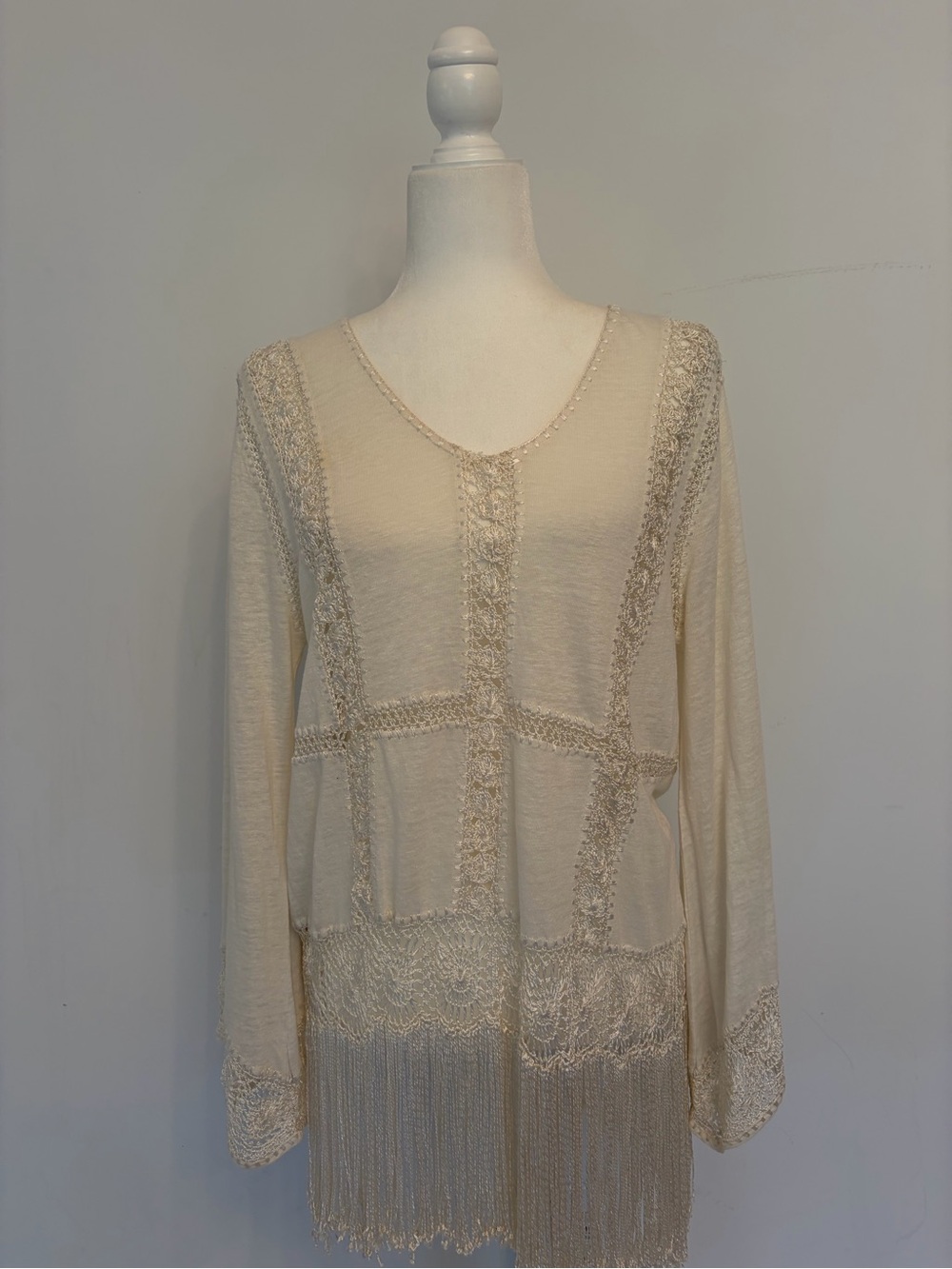 Calypso St. Barth Cream Boho Lace Fringe Tunic